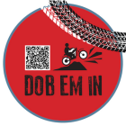 Dob Em In red circle graphic with bike and tyre mark icon and QR code