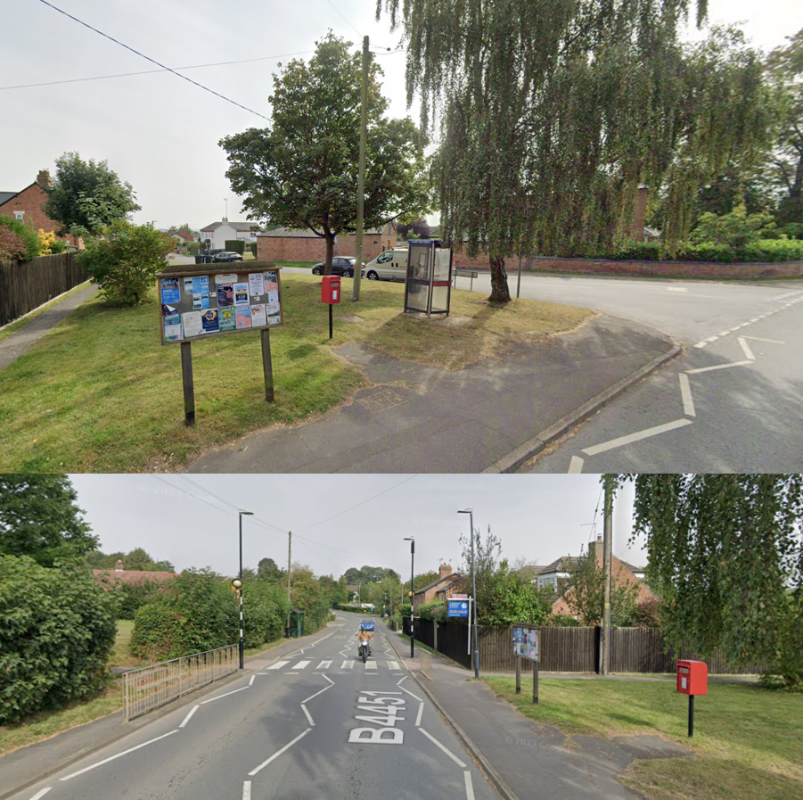 Google Maps StreetView of the location Gaydon Road junction of Chapel street, Bishop's Itchington, Southam