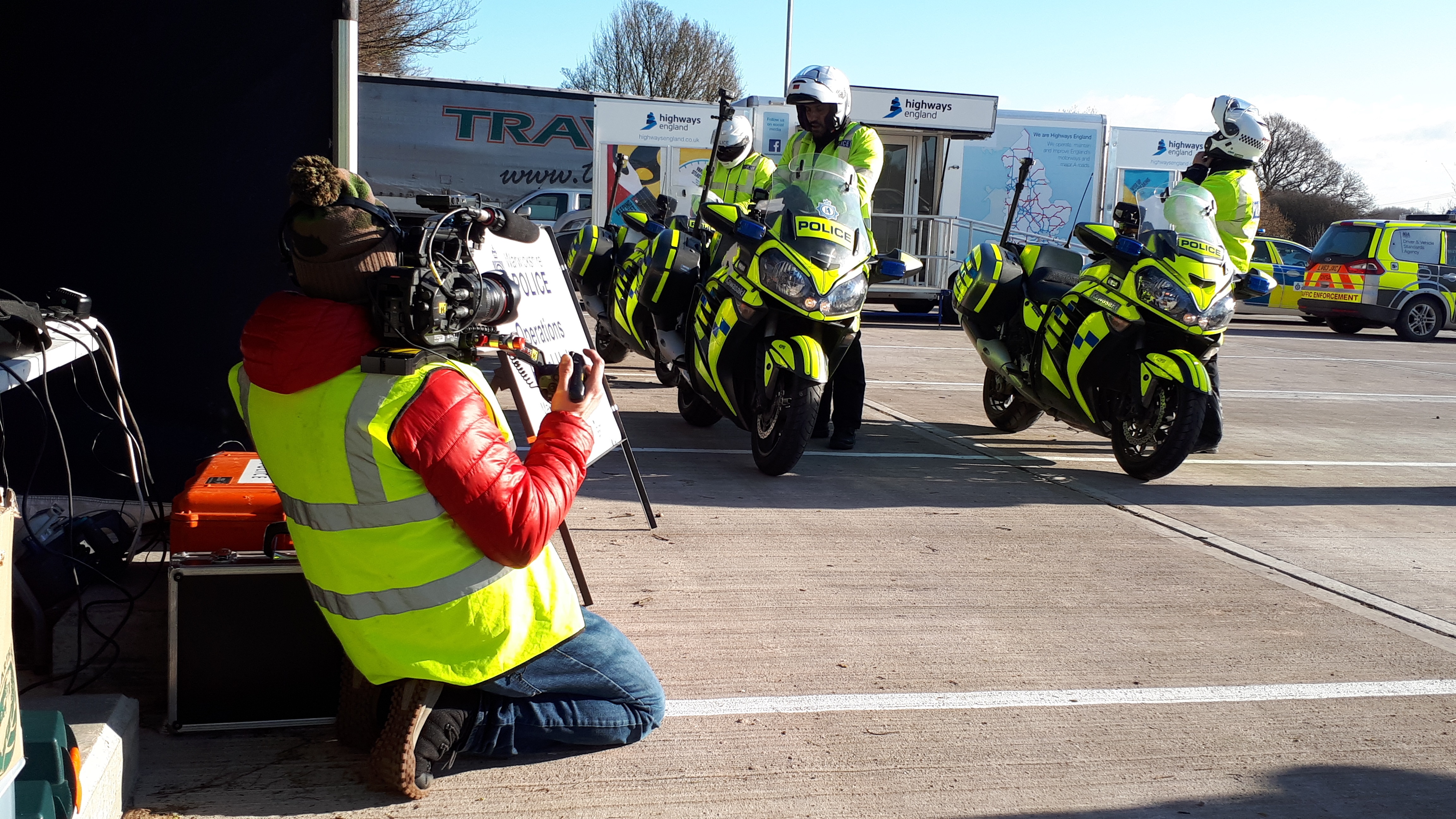 BBC Crimewatch cameraman filming Warwickshire Police motorbikes
