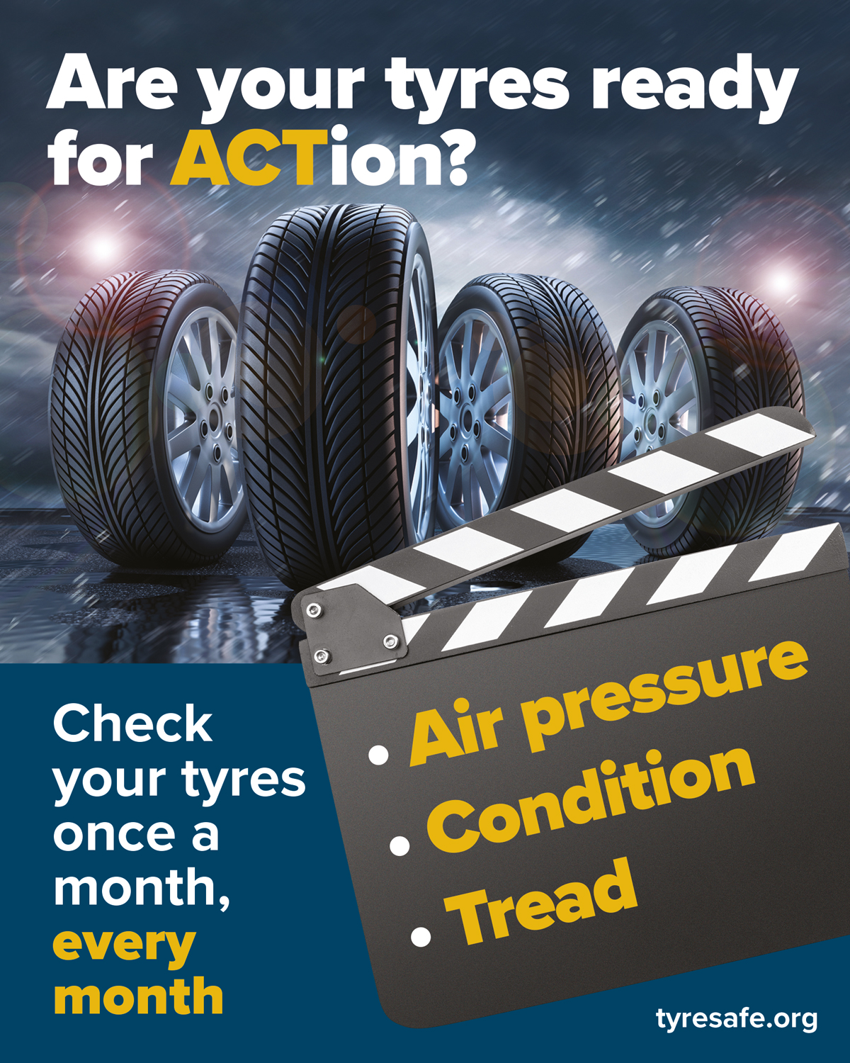 ACT now and check the Air pressure, Condition and Tread of your tyres
